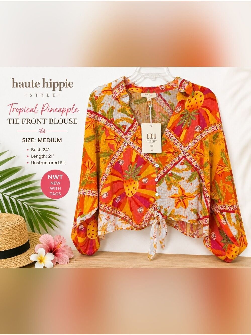 NWT HAUTE HIPPIE STYLE Tropical Pineapple Tie Front Blouse Medium Boho Rayon Top